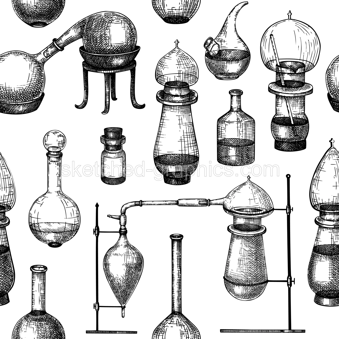 Sketched glass equipment background for perfumery and cosmetics making. Chemicals and alchemy glassware seamless pattern. Perfume bottles, jars, flasks drawings in engraved style. Vintage texture Illustration